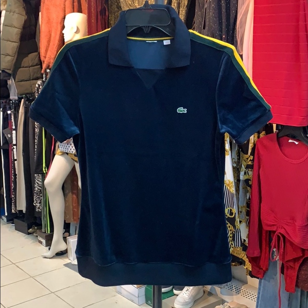 Lacoste Women's Navy Velour Polo with Yellow-Trim Detail